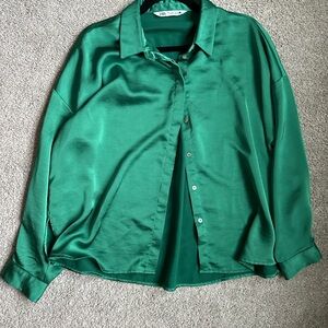 Zara Women's Green Satin Button-Down Shirt